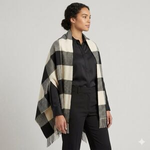J. Crew Plaid Cape Scarf Poncho Wrap with Armholes Black and White Buffalo Plaid